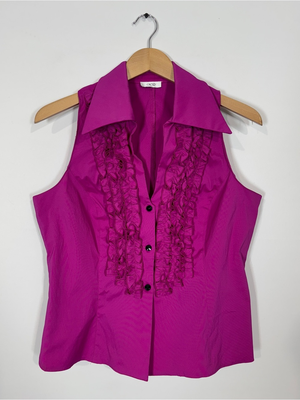 WSH76 {Cache} Violet Purple Ruffle Tuxedo Style Taffeta Tank Top Blouse